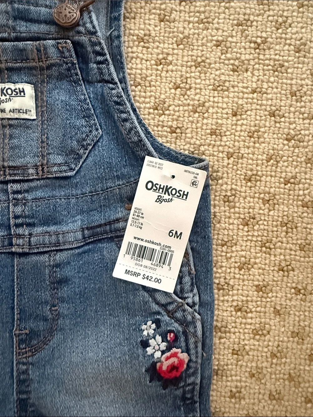 OshKosh B'gosh Girls Denim Overalls with Floral Embroidery, size 6 months, NWT